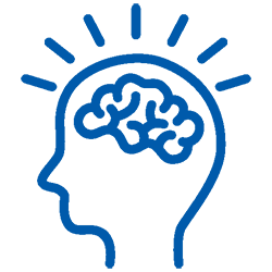 Blue silhouette of a head with a detailed brain inside, outlined in blue, and radiating lines above, set against a black background, conveying inspiration.