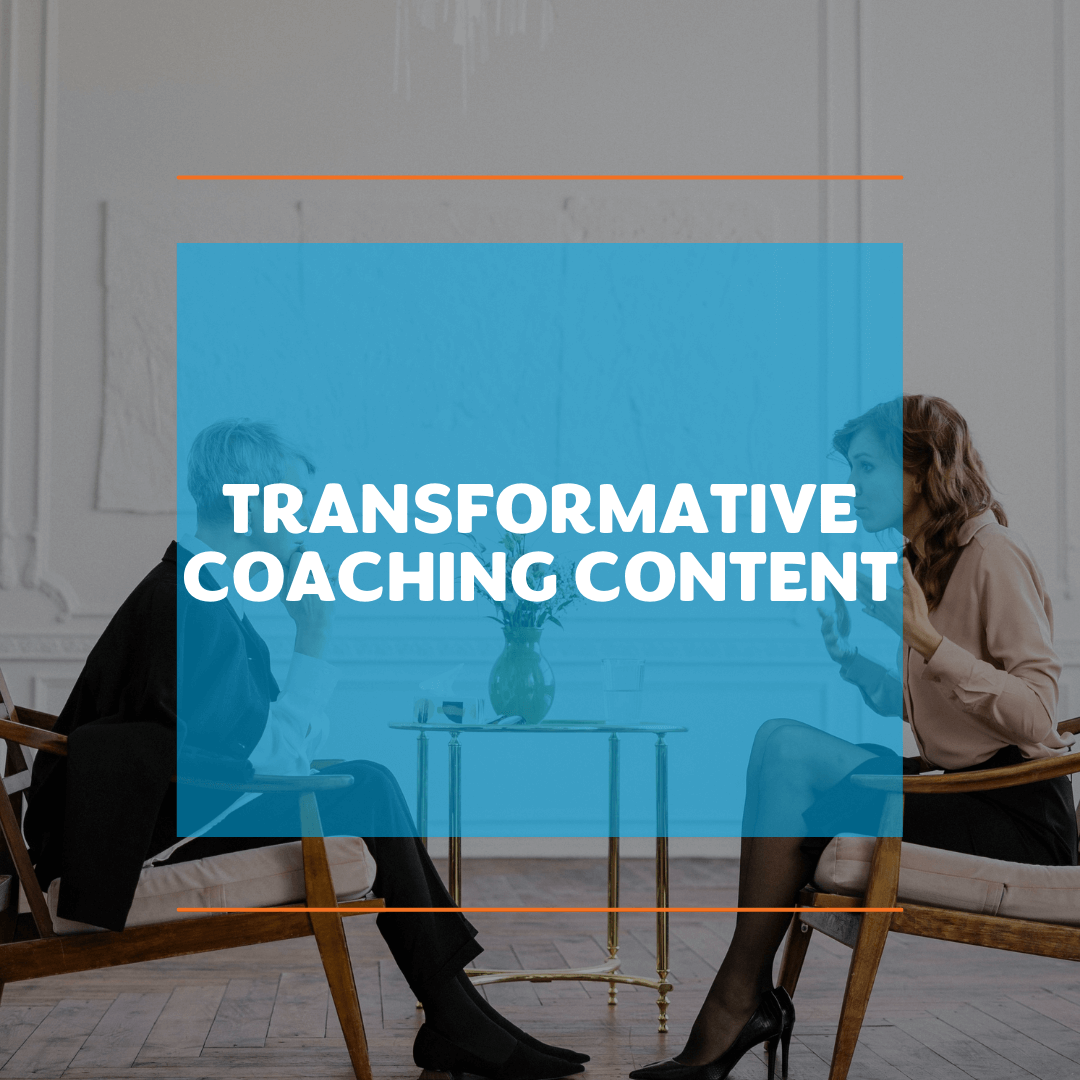 A man and a woman sit in a modern room, engaged in conversation. A blue overlay with the text "Transformative Coaching Content" covers the image.
