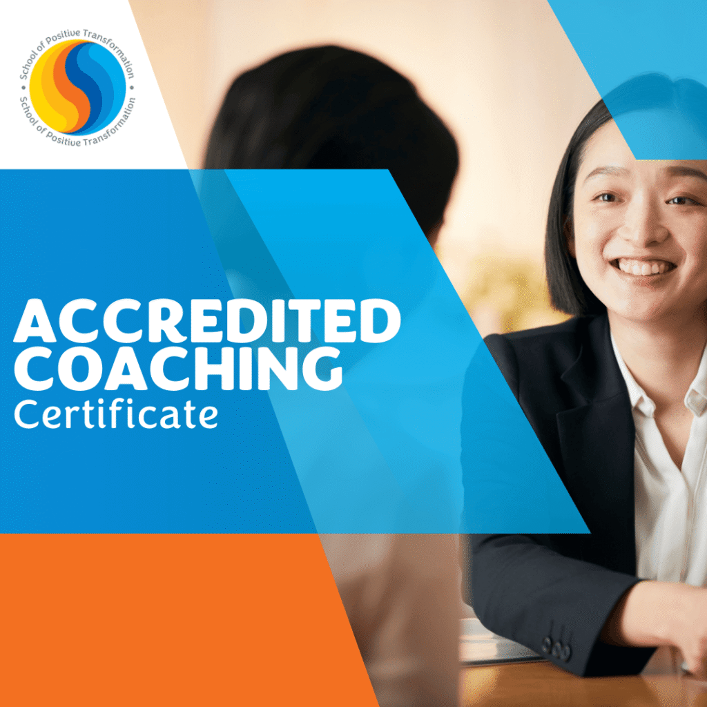 Smiling person in professional attire conversing at a desk. Overlaid text reads "Accredited Coaching Certificate." Logo for School of Positive Transformation.