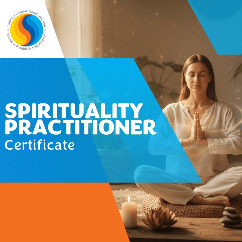 A serene woman meditates with hands in prayer position, surrounded by a glowing atmosphere. Text reads "Spirituality Practitioner Certificate." A lit candle and a lotus sculpture are in the foreground, conveying tranquility.