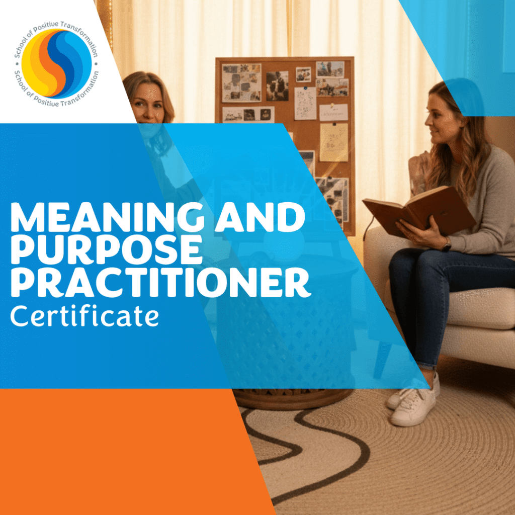 Two people are seated in a warm, cozy room discussing a book. A bulletin board with images is visible. Text reads "Meaning and Purpose Practitioner Certificate." Logo present.
