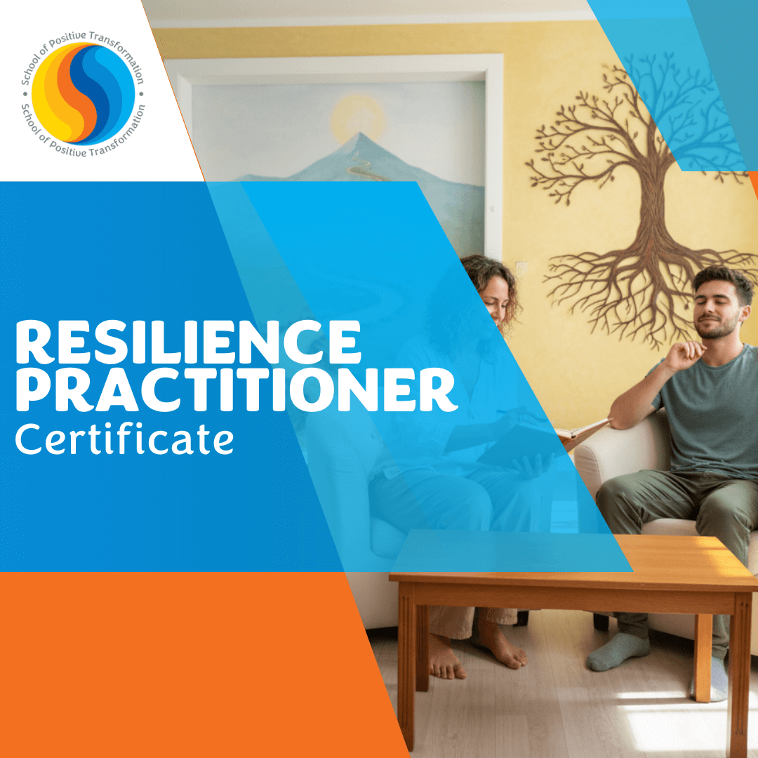 Two people sit on a sofa, with one meditating, next to a wall painting of a tree. 'Resilience Practitioner Certificate' text overlays the image. The mood is calm and focused.