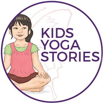 Circular logo featuring a girl sitting in a lotus pose with the text 'KIDS YOGA STORIES' in purple.